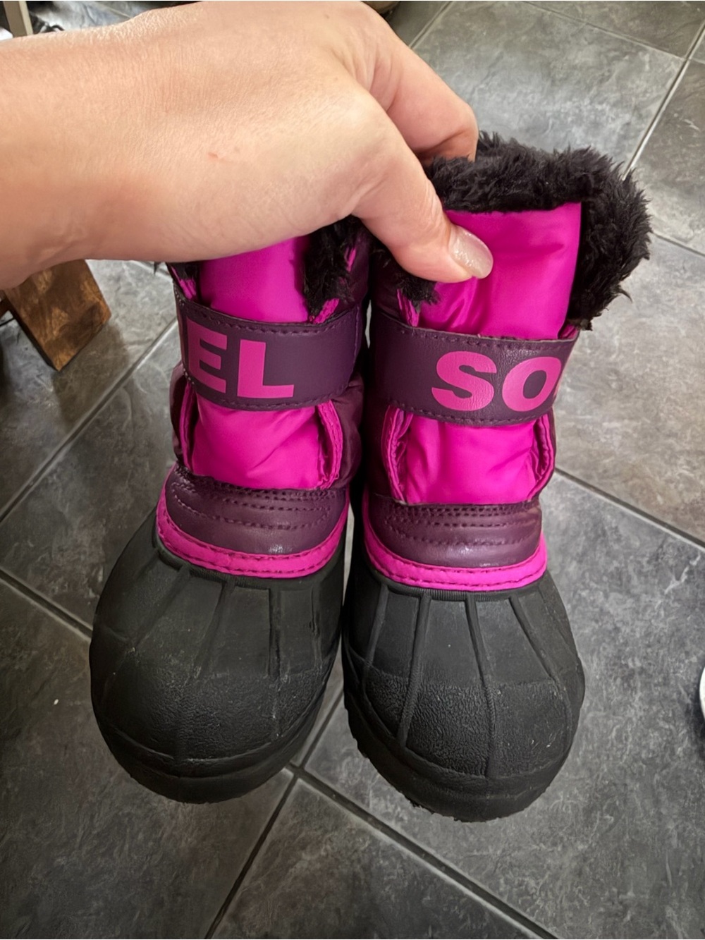 Sorel Kids Pink and Dark Purple Snow Boots with Black Soles